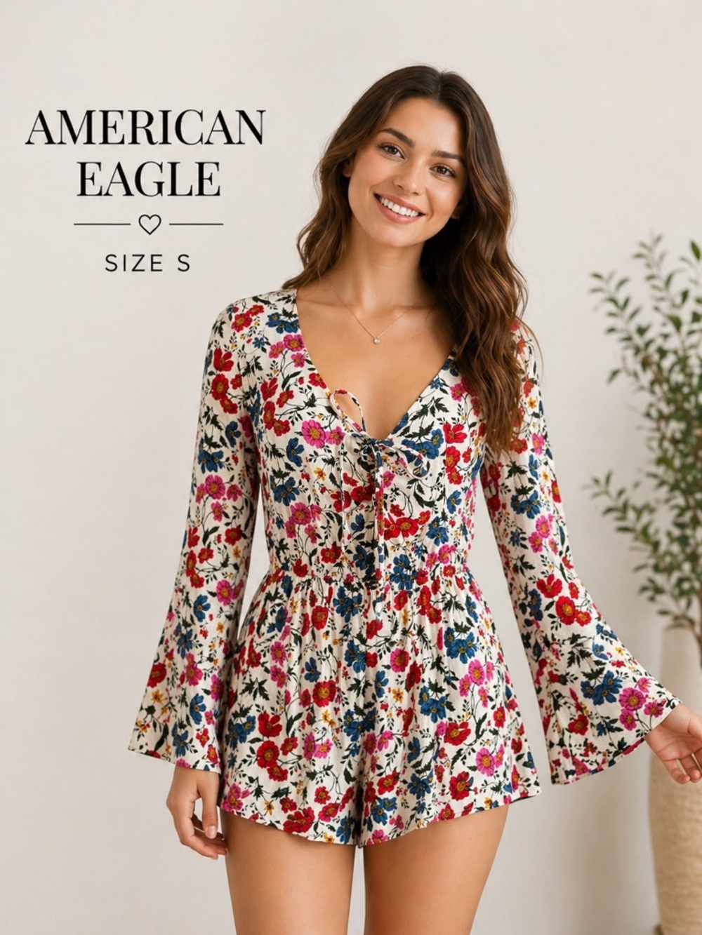 American Eagle Floral Romper Bell Sleeve Tie Front Boho feminine coquette /S